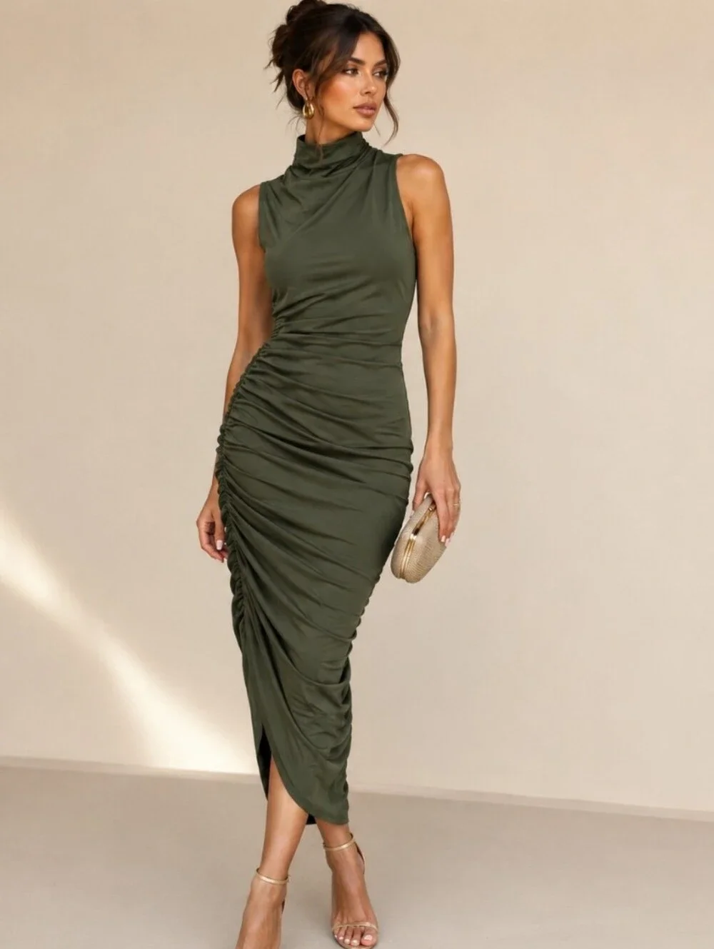 Michael Kors Olive Green Sleeveless Ruched Midi Dress